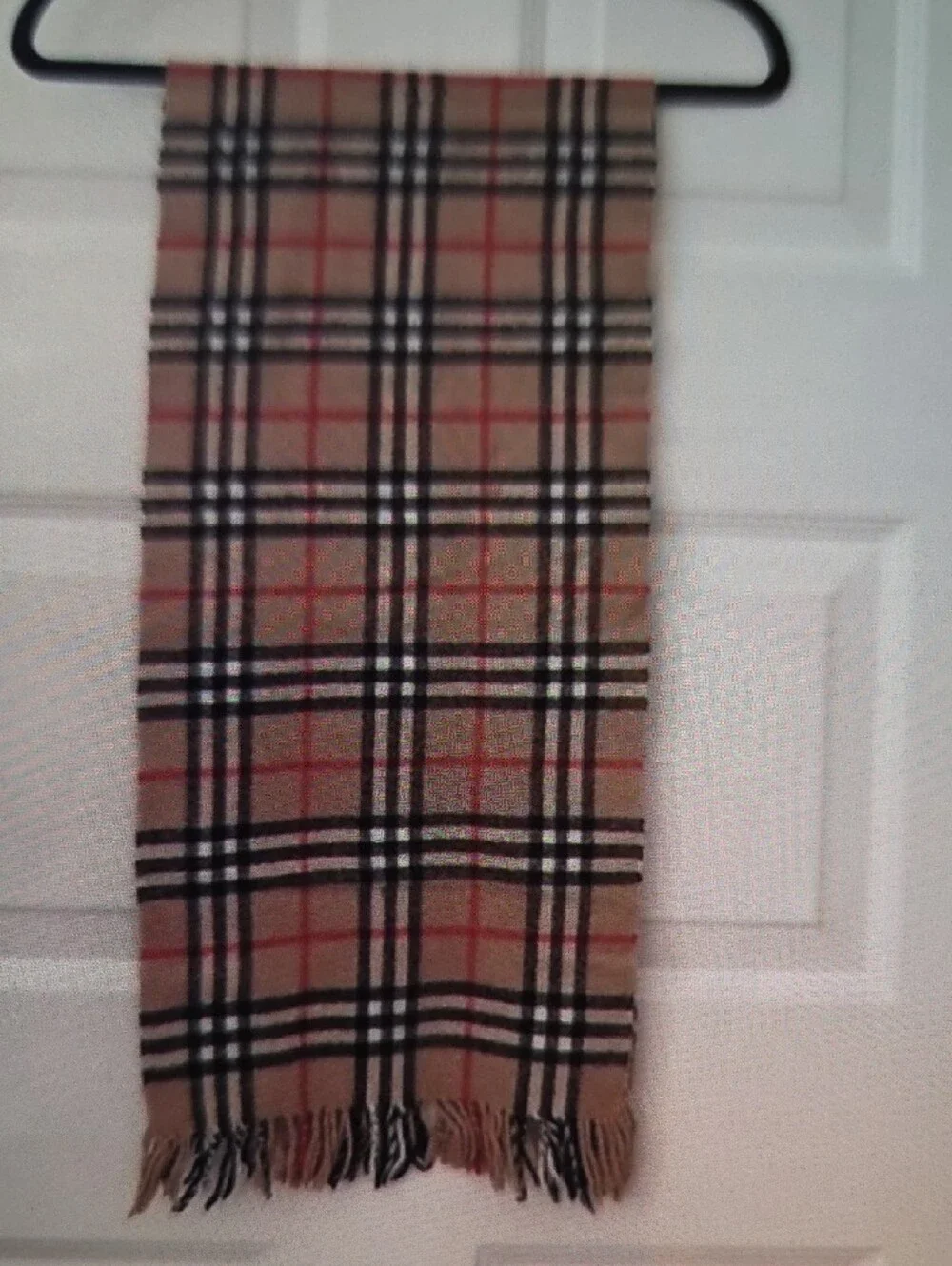 Burberry Beige Plaid Scarf with Black, White and Red Accents